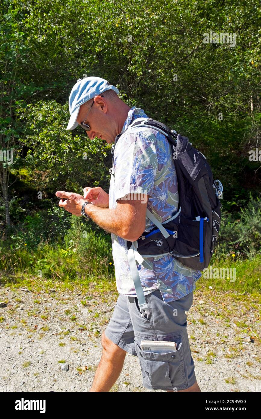 Hombre caminando en el campo usando mochila mochila comprobar móvil iphone  móvil para el trabajo mensaje de texto mientras en vacaciones Gales Reino  Unido KATHY DEWITT Fotografía de stock - Alamy