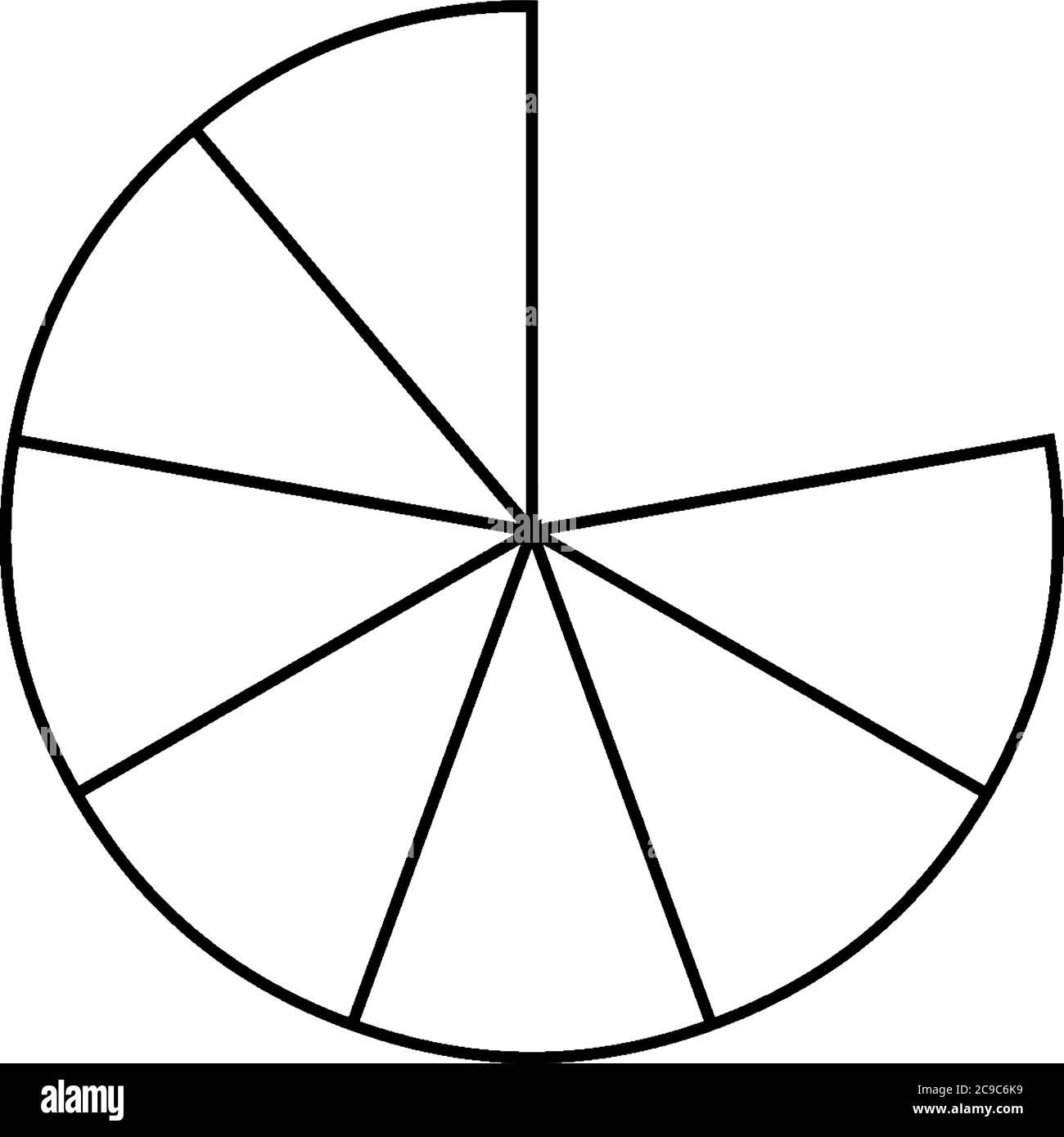Una forma de círculo dividida en siete partes iguales que tienen 7/9, dibujo de línea vintage o ilustración de grabado. Ilustración del Vector
