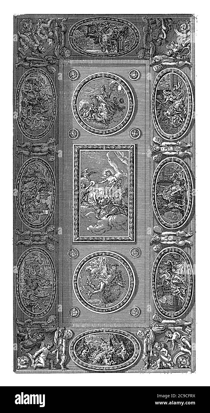 Pieza de techo con Apolo, Minerva y Mercurio y las personificaciones de las artes liberales, Pieter Sluyter, grabado vintage. Foto de stock