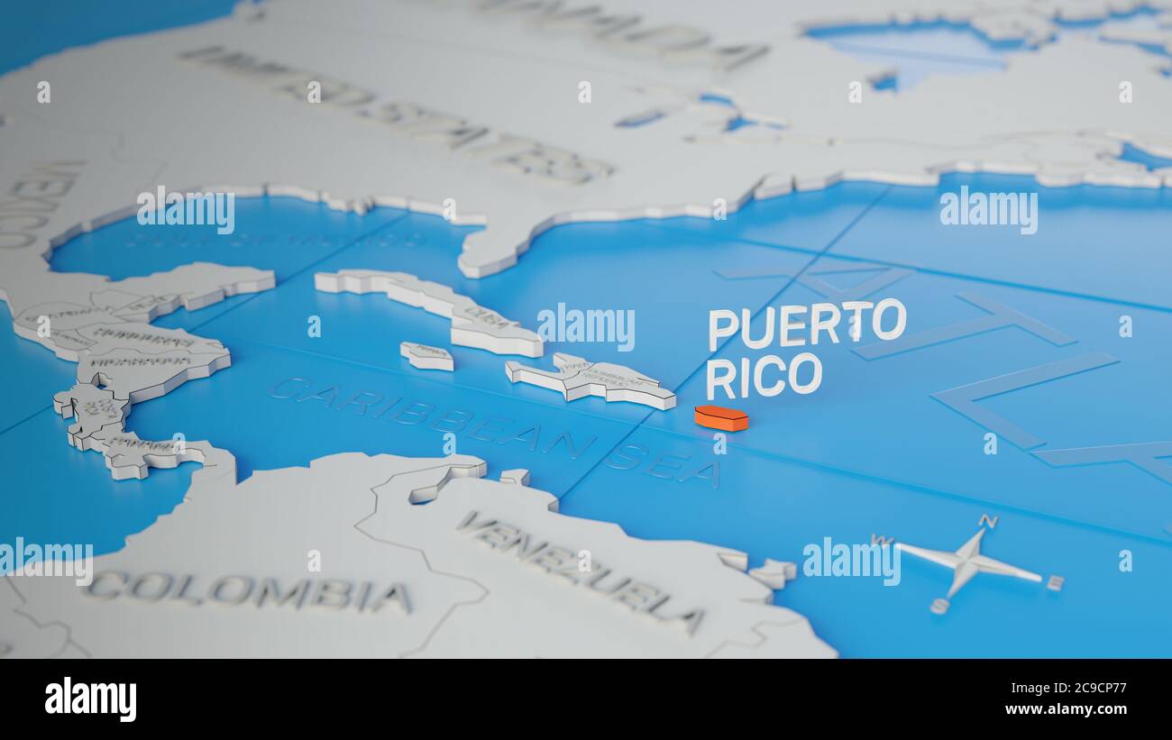 Puerto Rico se destaca en un mapa del mundo 3D simplificado en blanco.  Presentación 3D digital Fotografía de stock - Alamy