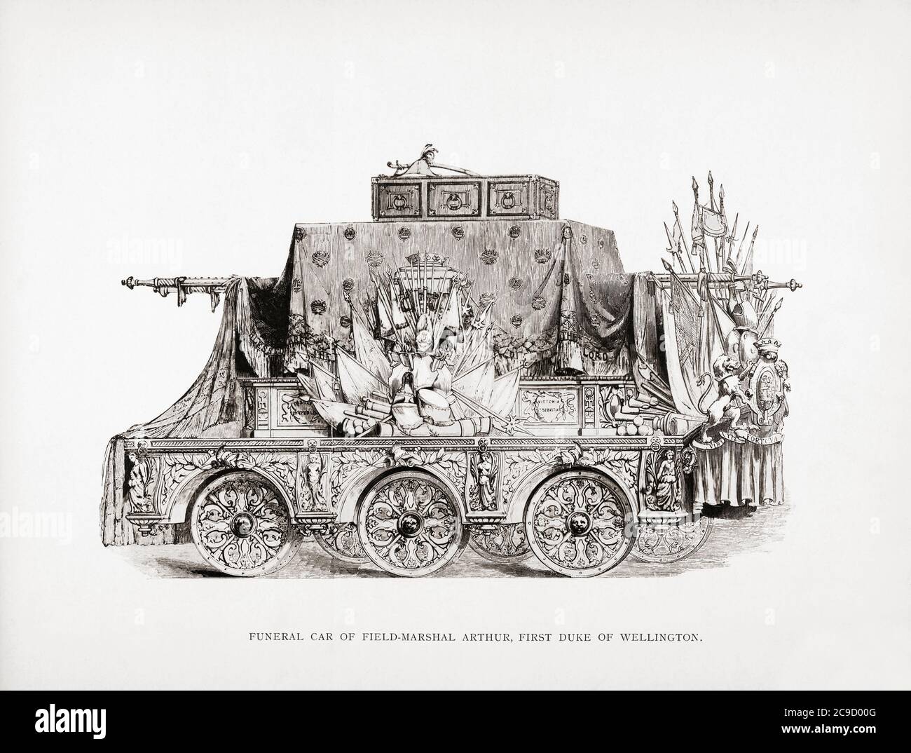 El coche funerario del duque de Wellington. Cuando murió en 1852, la reina Victoria le hizo un funeral estatal a un costo de £100,000, por un valor de £3 millones en el dinero de hoy. Después de una ilustración de un artista no identificado en un álbum publicado en 1899. Foto de stock