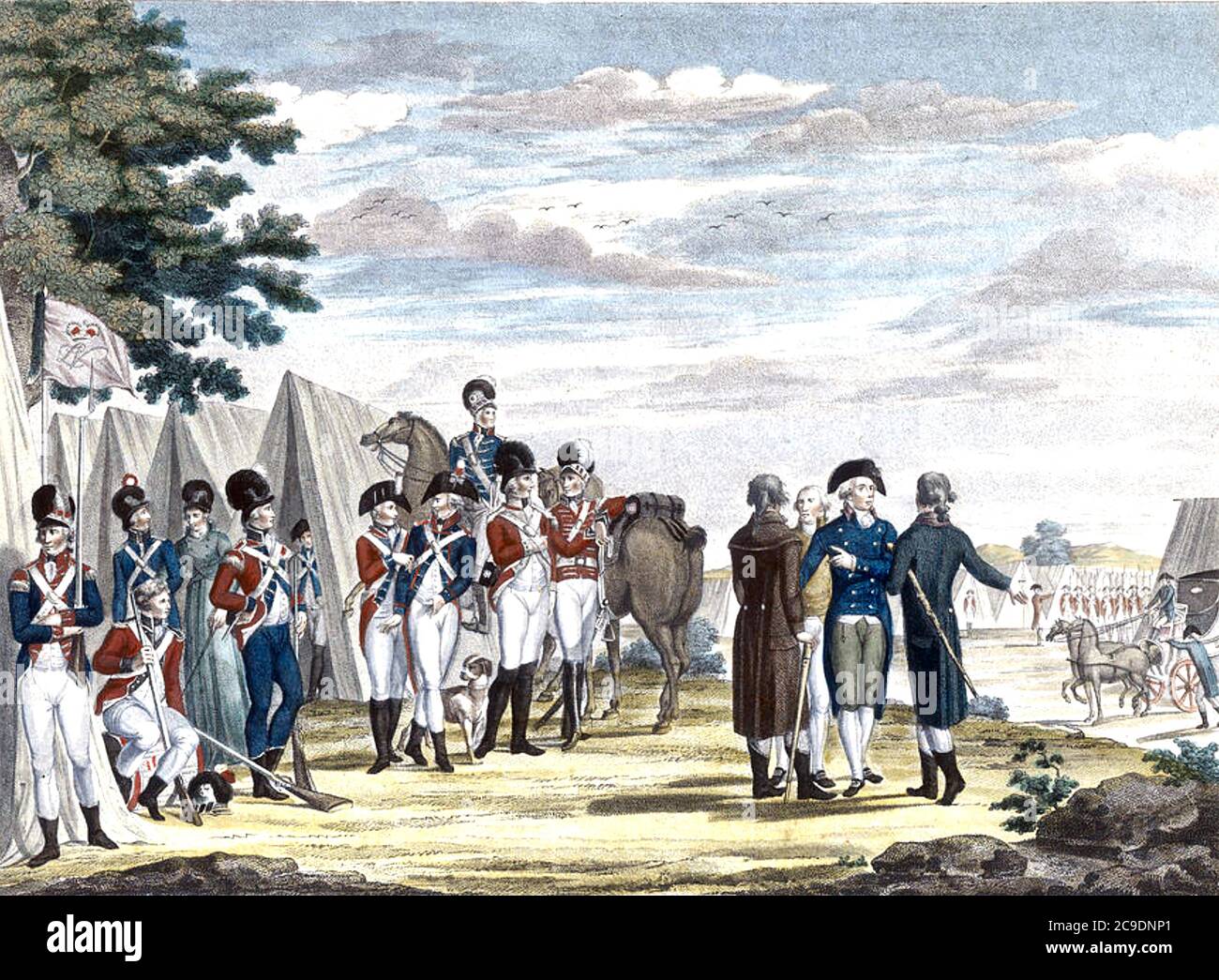 WILLIAM PITT EL JOVEN (1759-1806) estadista inglés visitando un campamento de voluntarios del ejército durante las guerras napoleónicas Foto de stock