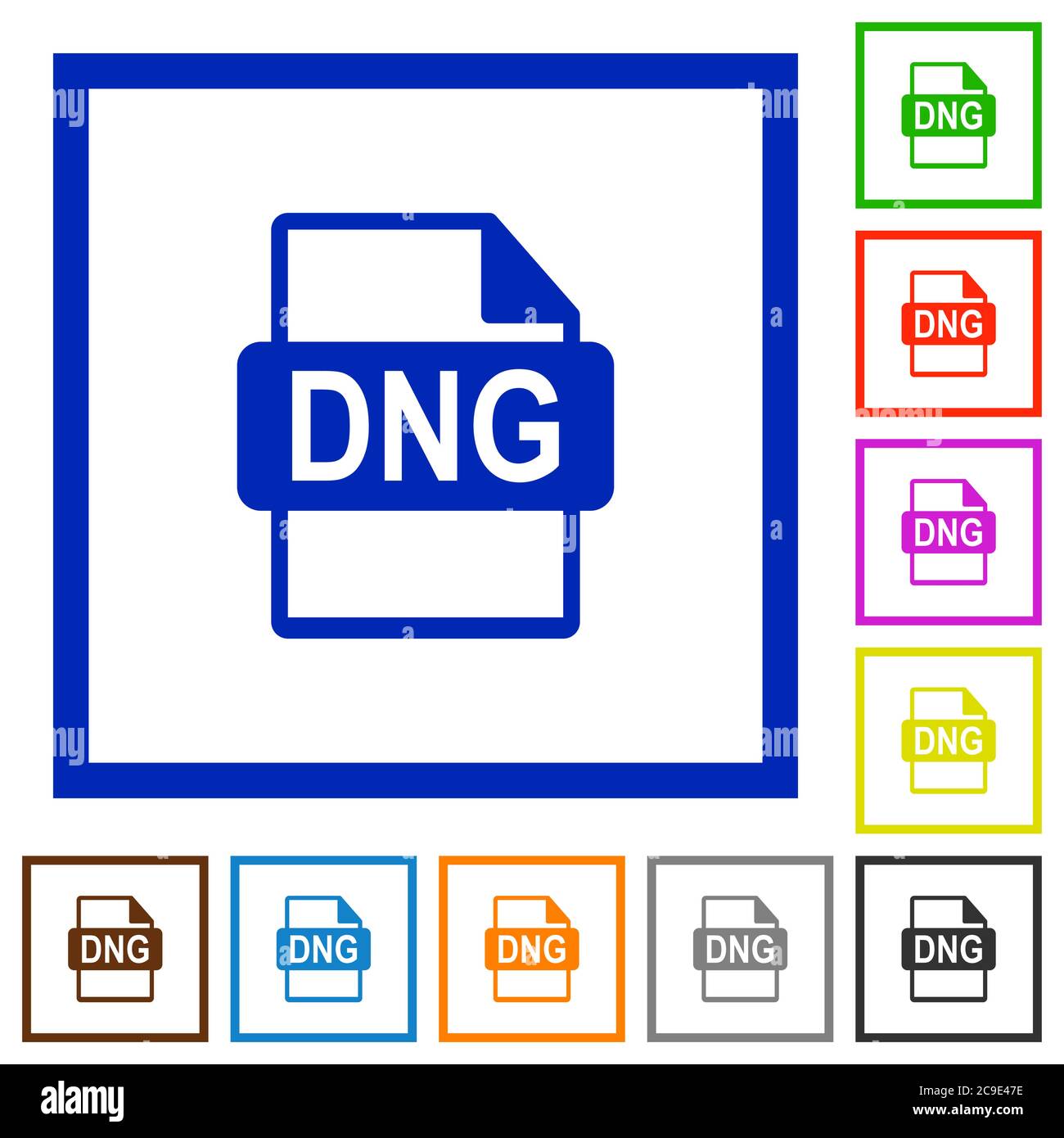 Formato de archivo DNG iconos color plano en marcos cuadrados sobre fondo blanco Imagen Vector de stock - Alamy