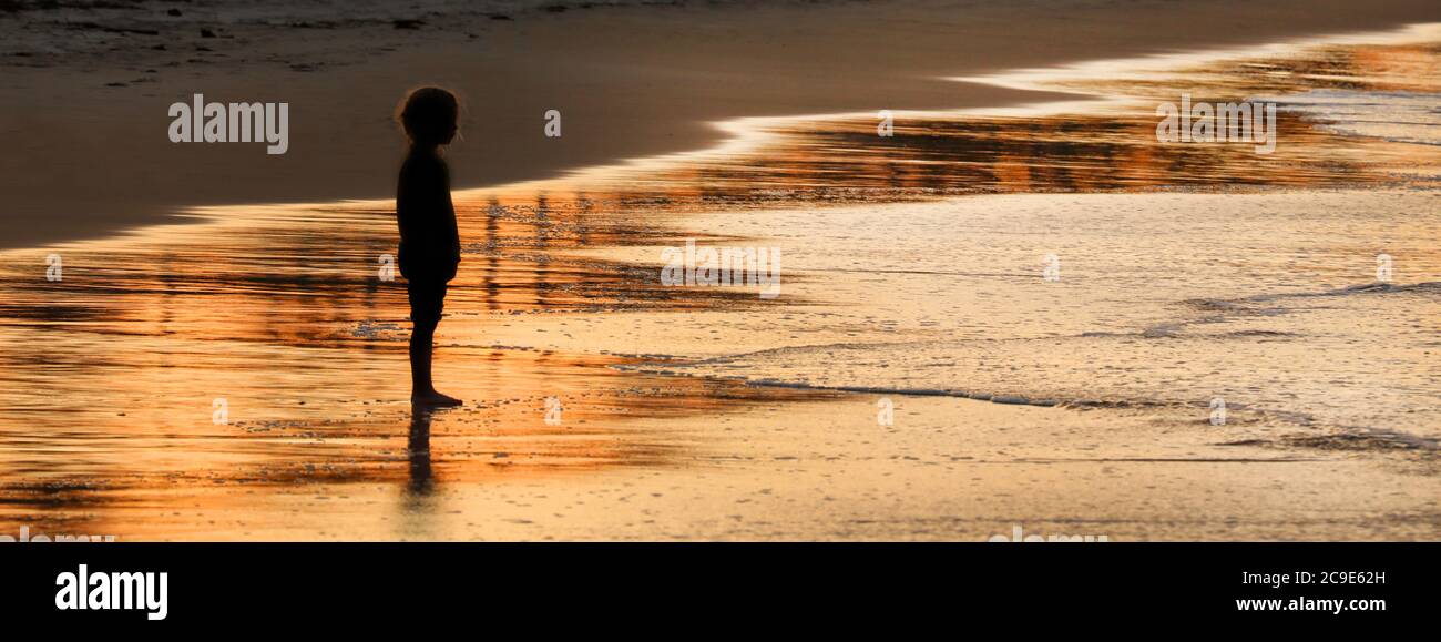 Nostálgica silueta poignant de niño niña de pie aislado mirando al mar en una hermosa playa de arena con una puesta de sol naranja o amanecer Foto de stock