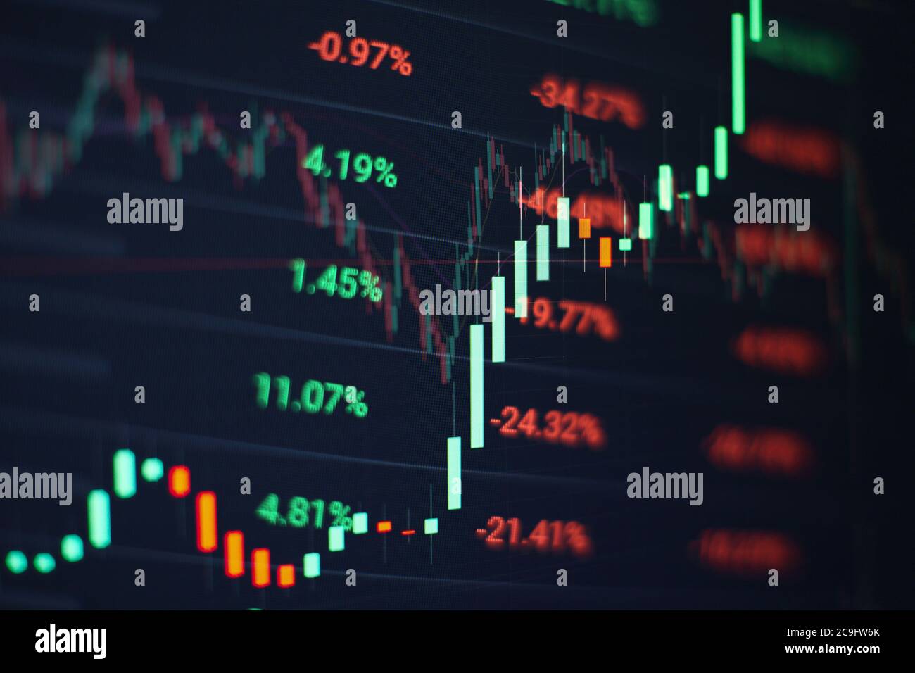 Datos financieros sobre un monitor que incluye de mercado analizar. Gráficos de barras, diagramas, cifras financieras. Foto de stock