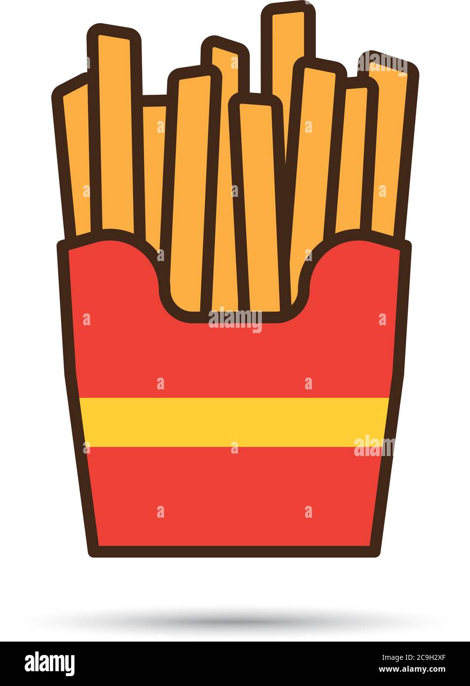 Patatas fritas en rojo cuadro vector línea icono, estilo plano con relleno de color. Símbolo de comida rápida. Ilustración del Vector