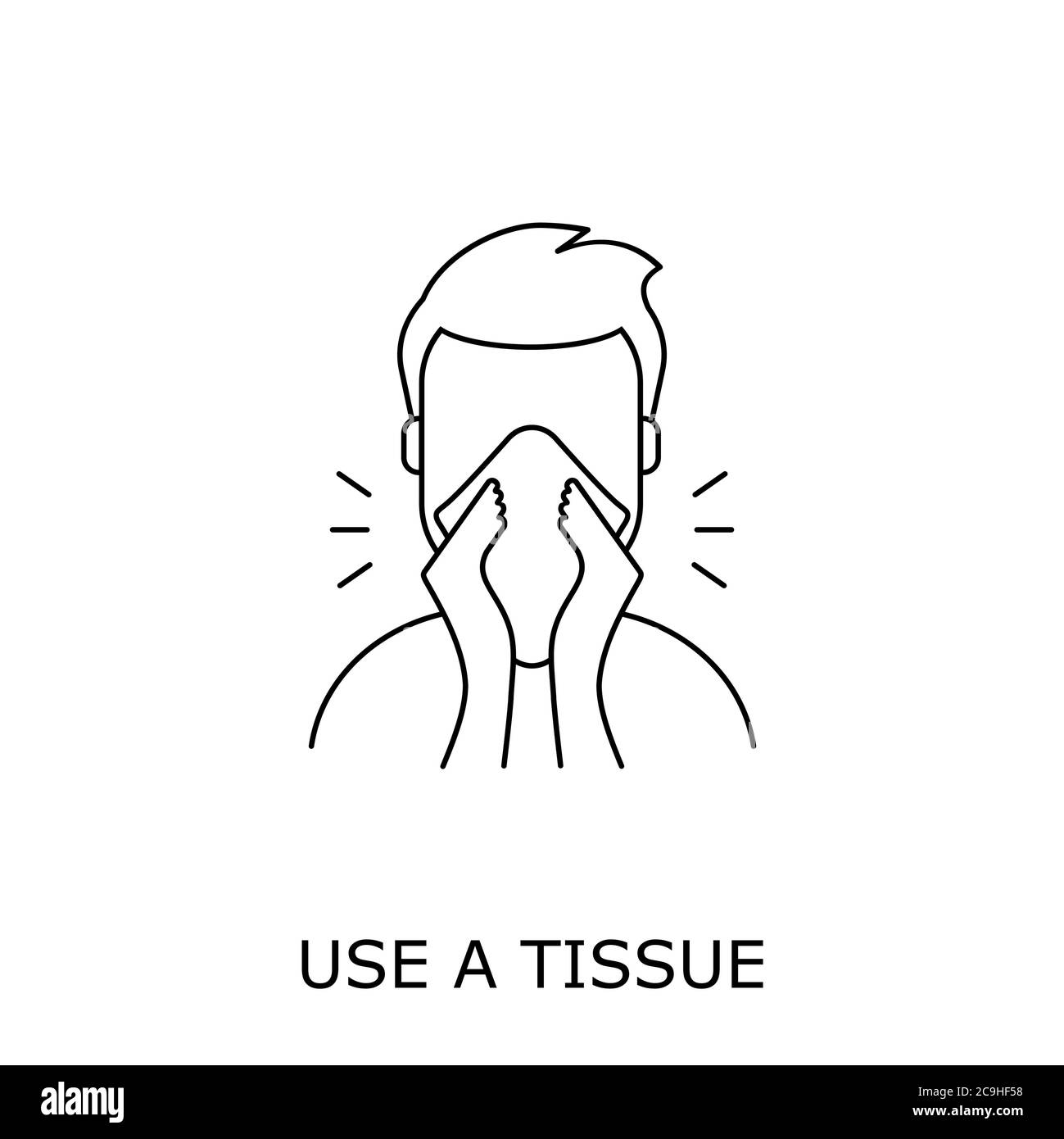 Icono de línea estornuda. Utilice un texto de tejido. Hombre estornudando en una servilleta de papel. Cúbrase la nariz y la boca cuando tose o estornude. Higiene personal. Vector Ilustración del Vector