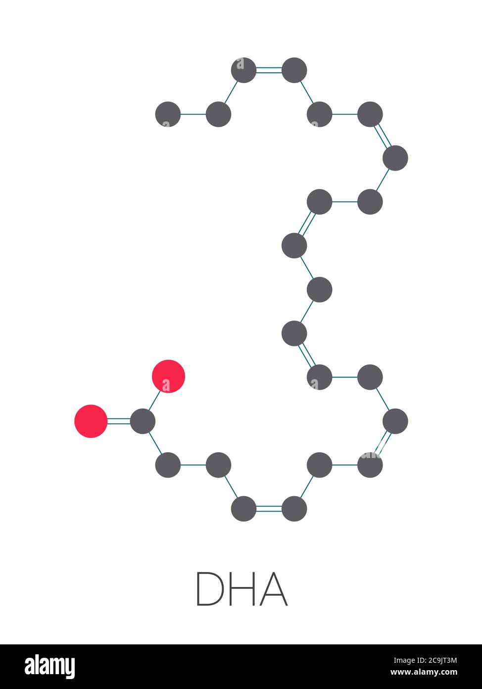 Ácido docosahexaenoico (DHA), ácido cervonic molécula. Los ácidos grasos omega-3 poliinsaturados presentes en el aceite de pescado. Estilizada fórmula esquelética (estructura química Foto de stock