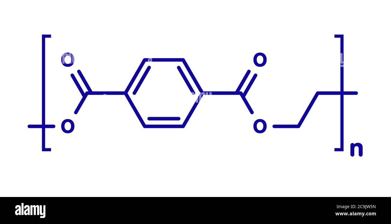 Polietileno tereftalato (PET, PETE) poliéster plástico, estructura química.  Se utiliza principalmente en fibras sintéticas y botellas de plástico.  Formu esquelético azul Fotografía de stock - Alamy