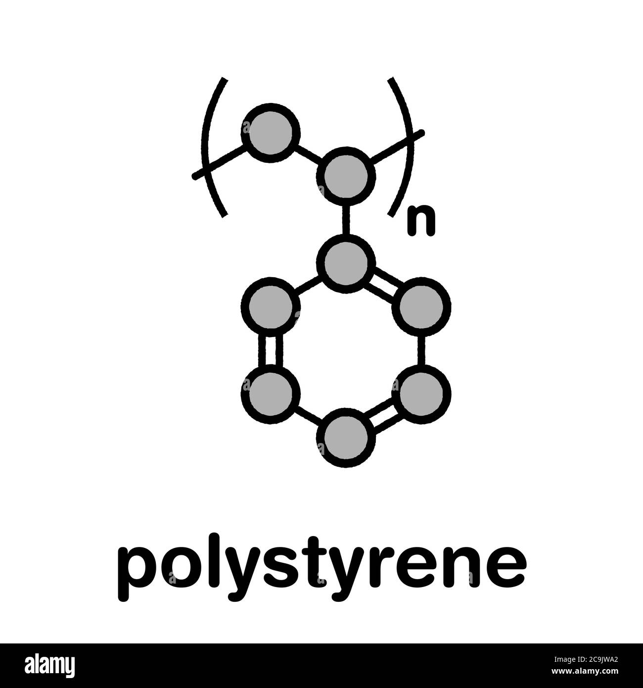 Que agradable Grapa Aturdir Poliestireno (PS) plástico, estructura química. Fórmula esquelética  estilizada: Los átomos se muestran como círculos codificados por colores  con contornos negros gruesos y enlaces: h Fotografía de stock - Alamy