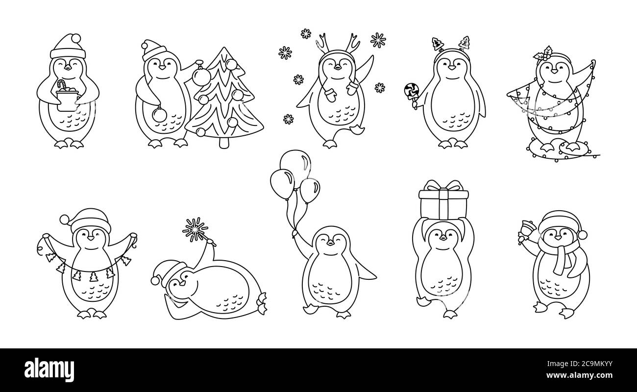 Penguin Navidad dibujos animados lineales. Bonita colección de pingüinos planos dibujados a mano. Línea feliz personaje sombrero o cuernos de santa, árbol, guirnalda, campana de regalo, copa. Navidad de año Nuevo. Ilustración Penguin Navidad dibujos animados lineales. Bonita colección de pingüinos planos dibujados a mano. Línea feliz personaje sombrero o cuernos de santa, árbol, guirnalda, campana de regalo, copa. Navidad de año Nuevo. Ilustración