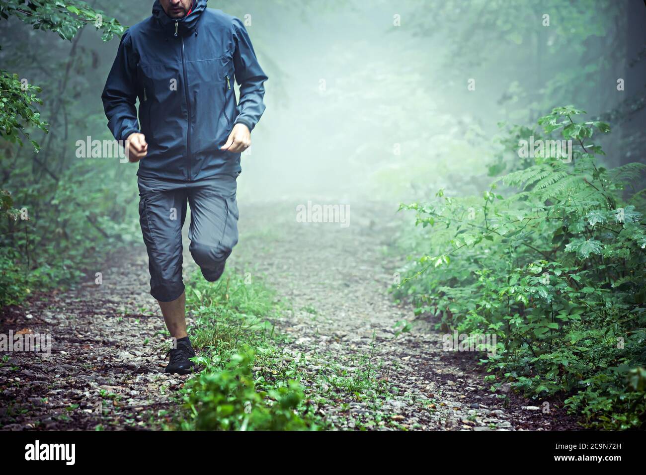 Primer plano de atleta masculino, vestido de ropa al aire libre, corriendo a través de bosque brumoso temprano en la mañana. Espacio de copia disponible. Foto de stock