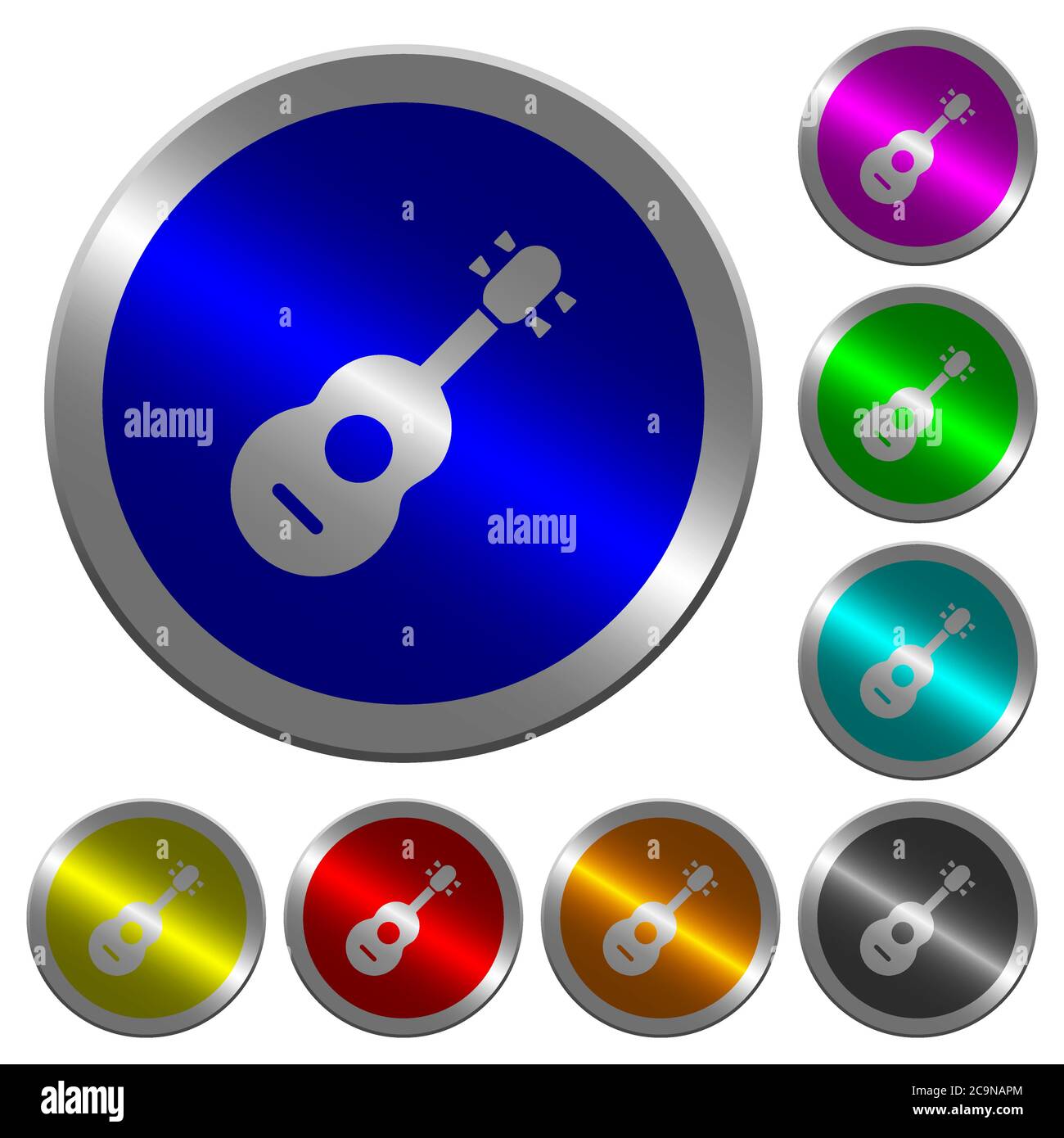 Iconos de guitarra acústica en botones redondos luminosos de acero de color  tipo moneda Imagen Vector de stock - Alamy