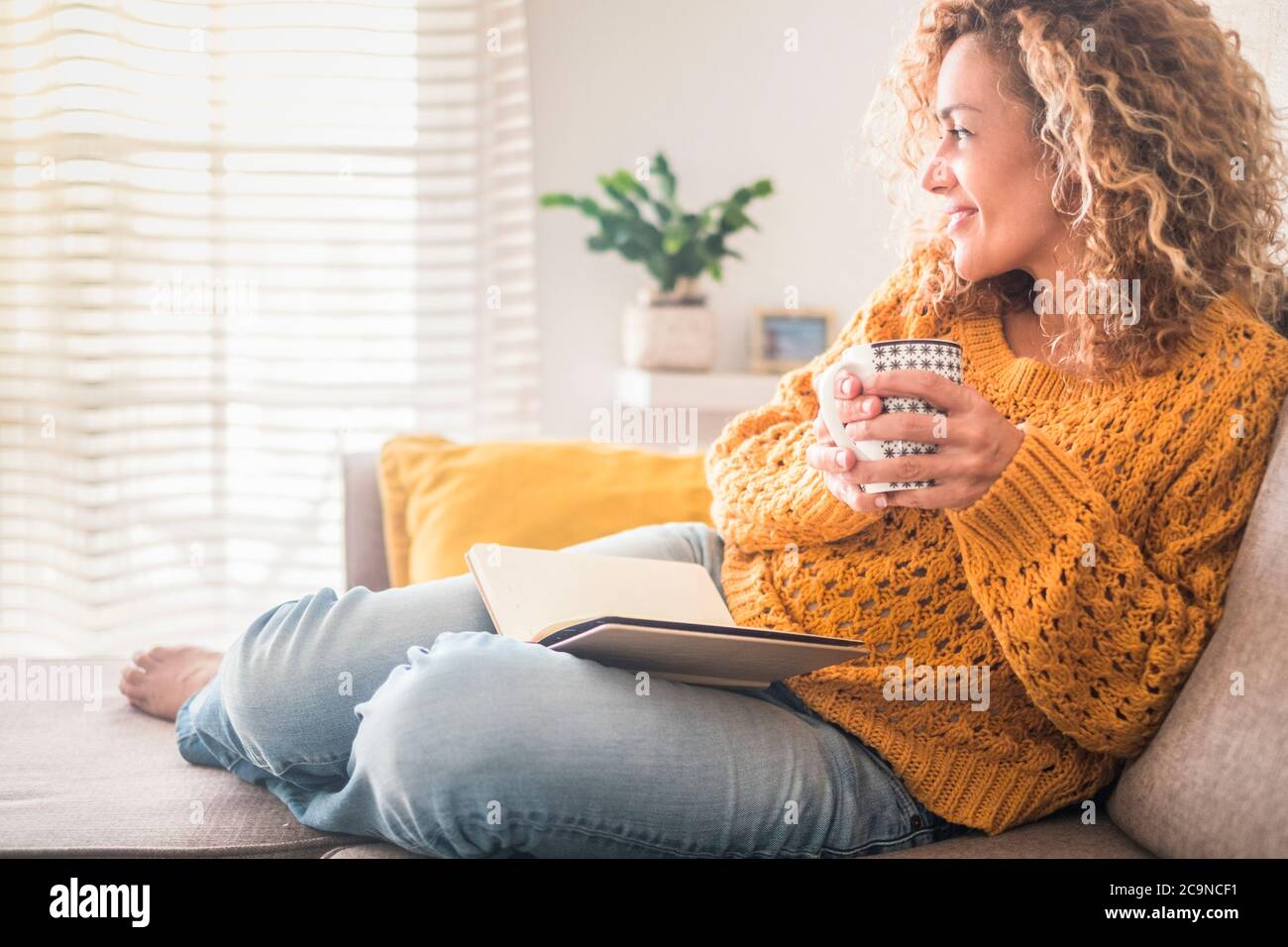 La mujer se ha relajado en casa con una taza de té y un libro - actividad de lectura para adultos hermosa gente femenina - disfrutando de un estilo de vida tranquilo en el interior y el blón largo Foto de stock