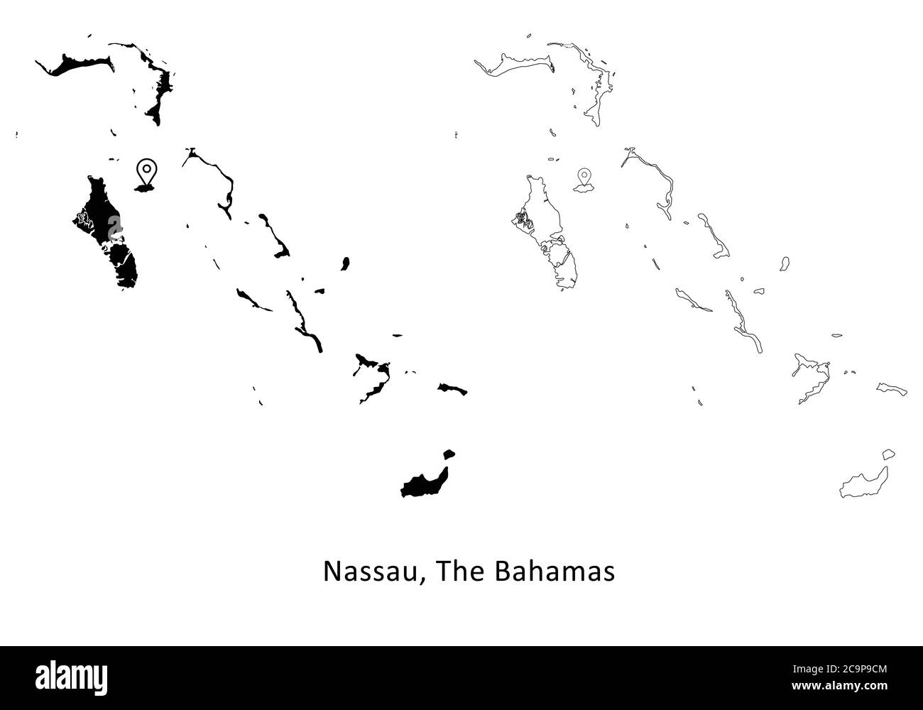 Nassau las Bahamas. Mapa detallado del país con la ubicación de la ciudad capital PIN. Silueta negra y mapas de contorno aislados sobre fondo blanco. Vector EPS Ilustración del Vector