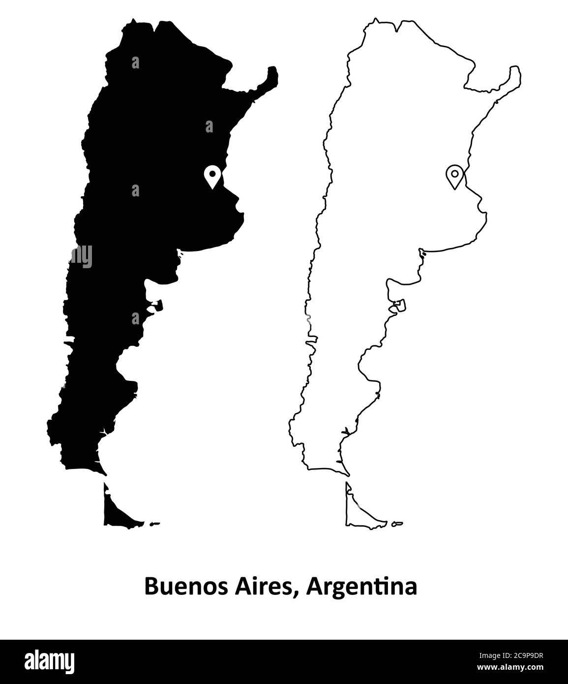 Buenos Aires Argentina. Mapa detallado del país con la ubicación de la ciudad capital PIN. Silueta negra y mapas de contorno aislados sobre fondo blanco EPS Vector Ilustración del Vector
