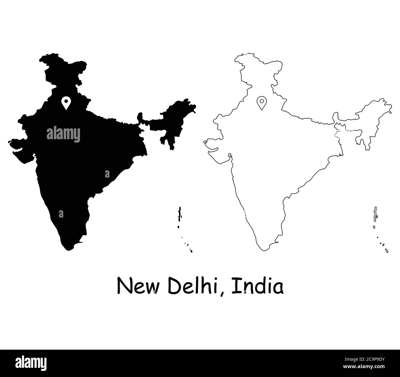 Nueva Delhi India. Mapa detallado del país con el PIN de la ubicación en la ciudad capital. Silueta negra y mapas de contorno aislados sobre fondo blanco. Vector EPS Ilustración del Vector