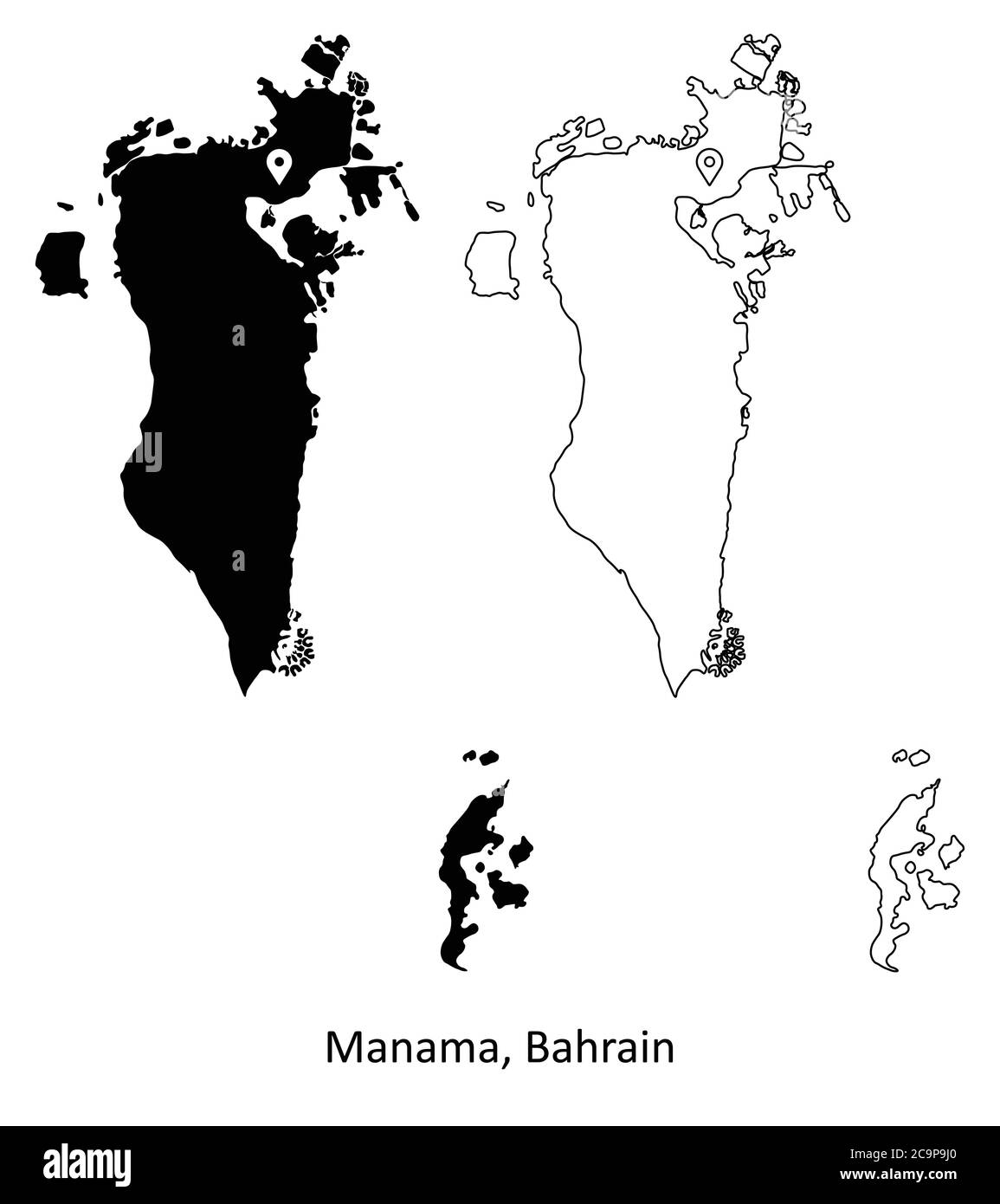 Manama Bahréin. Mapa detallado del país con la ubicación de la ciudad capital PIN. Silueta negra y mapas de contorno aislados sobre fondo blanco. Vector EPS Ilustración del Vector