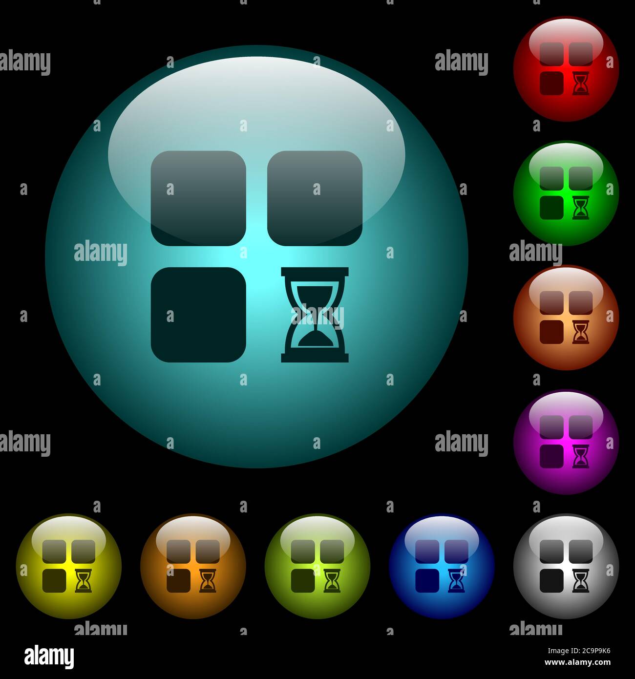 Iconos de componente en espera en color botones de cristal esféricos iluminados sobre fondo negro. Se puede utilizar para plantillas negras u oscuras Ilustración del Vector