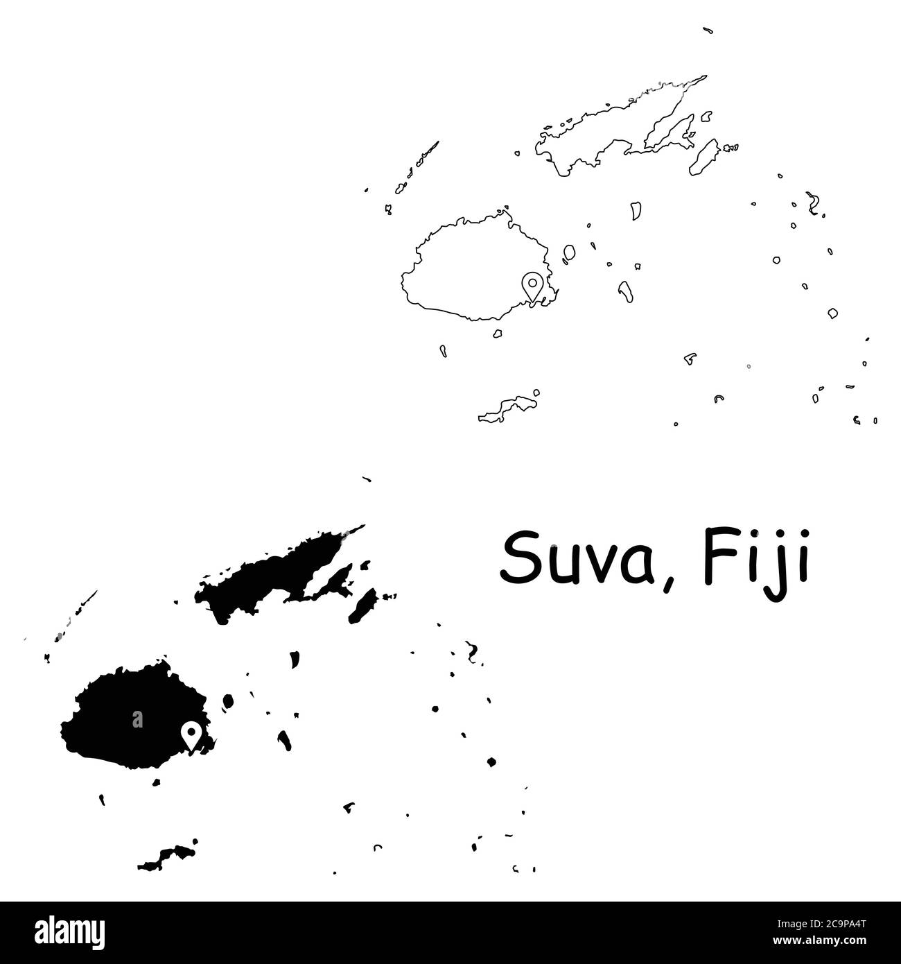 Suva Fiyi. Mapa detallado del país con el PIN de la ubicación en la ciudad capital. Silueta