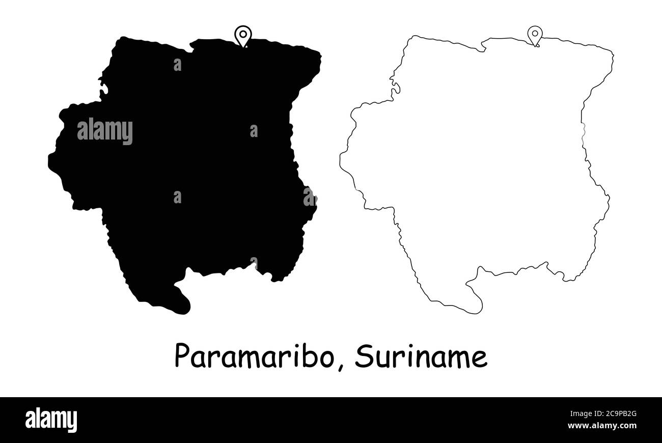 Paramaribo, Surinam. Mapa detallado del país con el PIN de la ubicación en la ciudad capital. Silueta negra y mapas de contorno aislados sobre fondo blanco. EPS Vect Ilustración del Vector