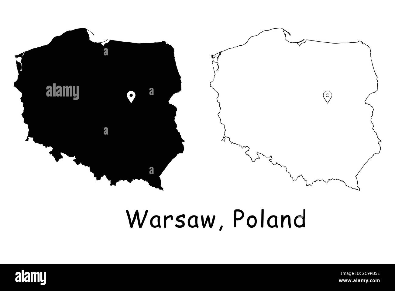 Varsovia, Polonia. Mapa detallado del país con el PIN de la ubicación en la ciudad capital. Silueta negra y mapas de contorno aislados sobre fondo blanco. Vector EPS Ilustración del Vector