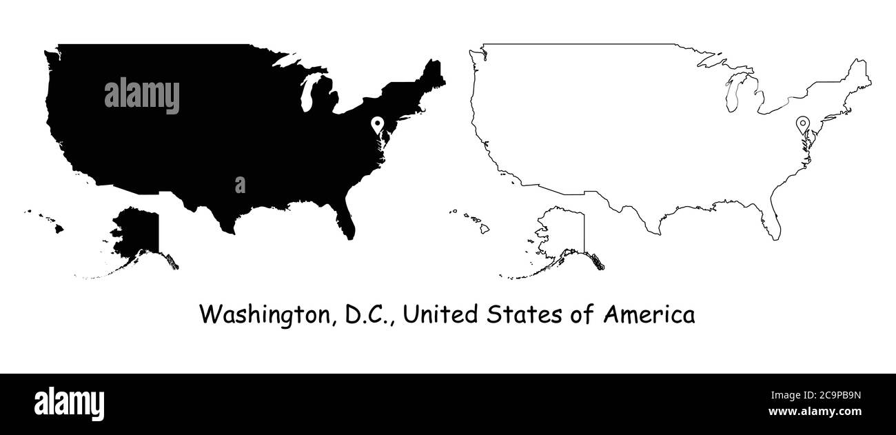 Washington D. C., Estados Unidos de América. Mapa detallado del país con el PIN de la ubicación en la ciudad capital. Silueta negra y mapas de contorno aislados en blanco Ilustración del Vector