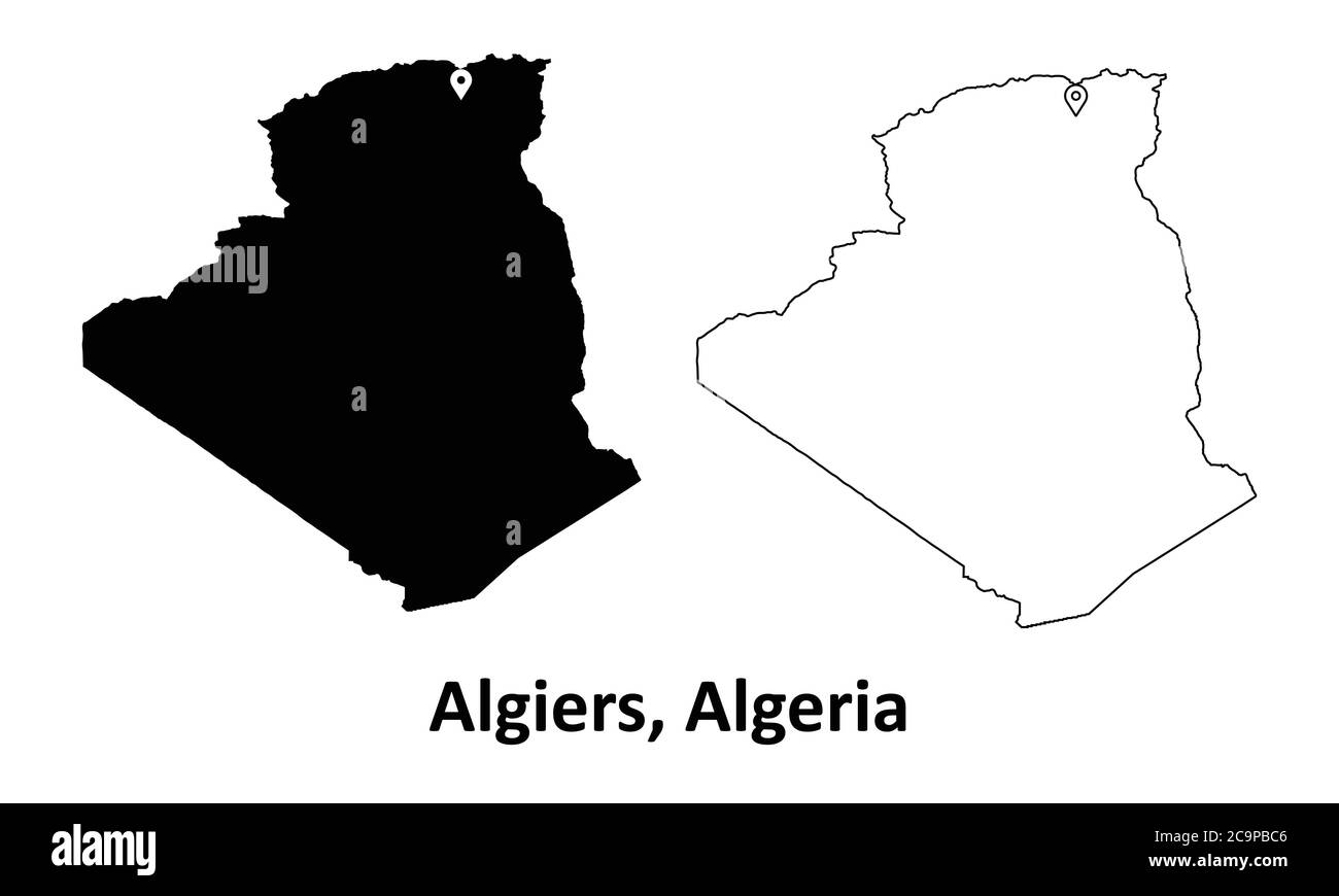 Argel Argelia. Mapa detallado del país con la ubicación de la ciudad capital PIN. Silueta negra y mapas de contorno aislados sobre fondo blanco. Vector EPS Ilustración del Vector