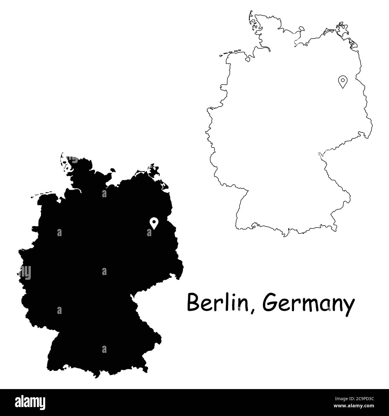 Berlín Alemania. Mapa detallado del país con el PIN de la ubicación en la ciudad capital. Silueta negra y mapas de contorno aislados sobre fondo blanco. Vector EPS Ilustración del Vector