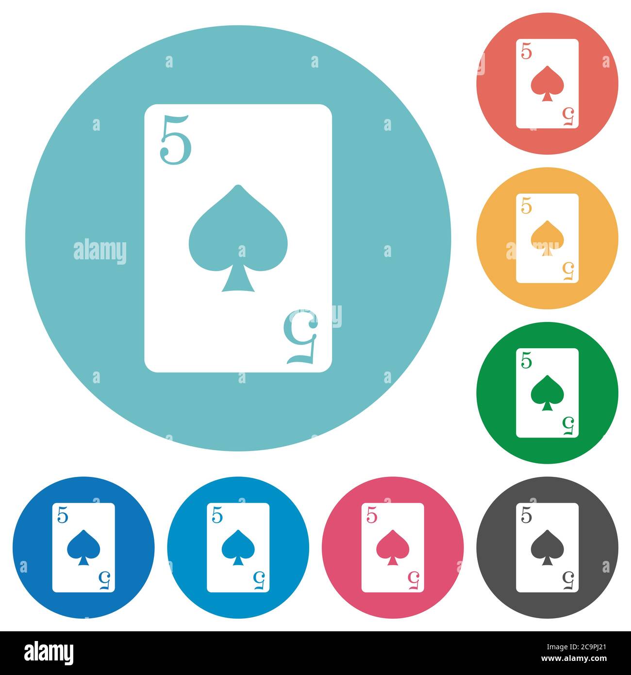 Cinco de espadas tarjeta blanco plano iconos en fondos de color redondo