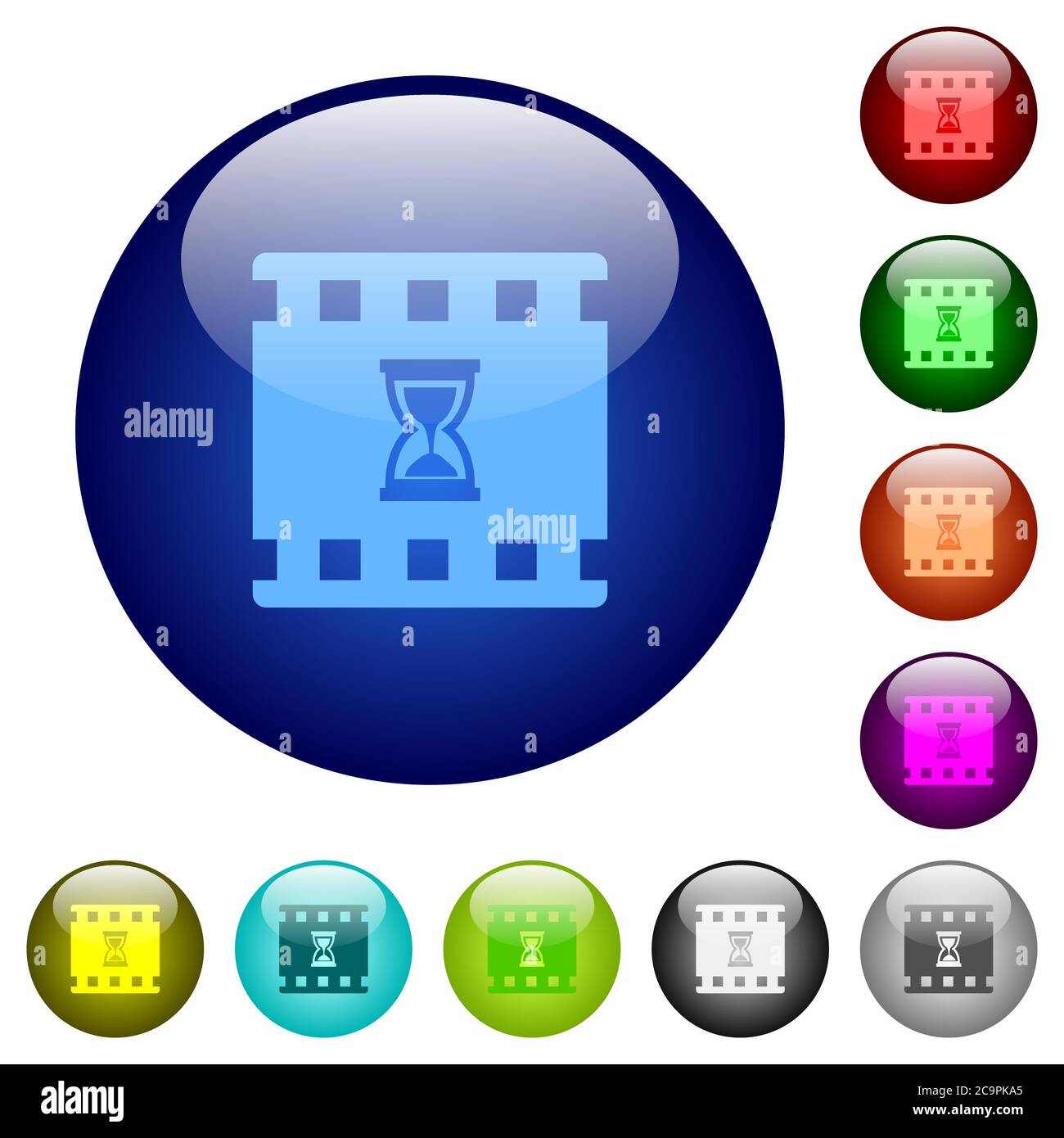Iconos de procesamiento de películas en los botones redondos de cristal de color Ilustración del Vector