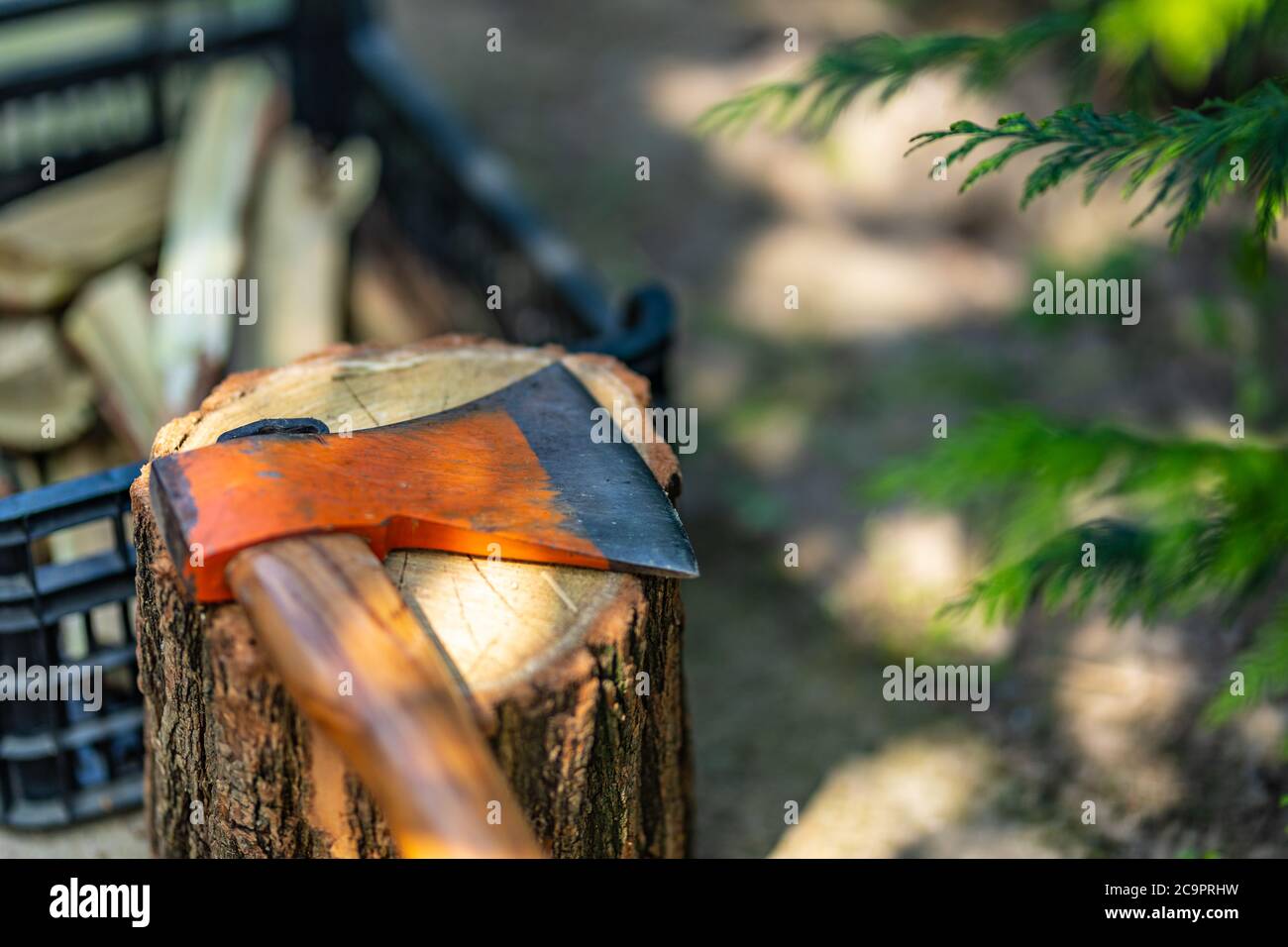 Bloque de madera de corte axial. Cortar madera Foto de stock