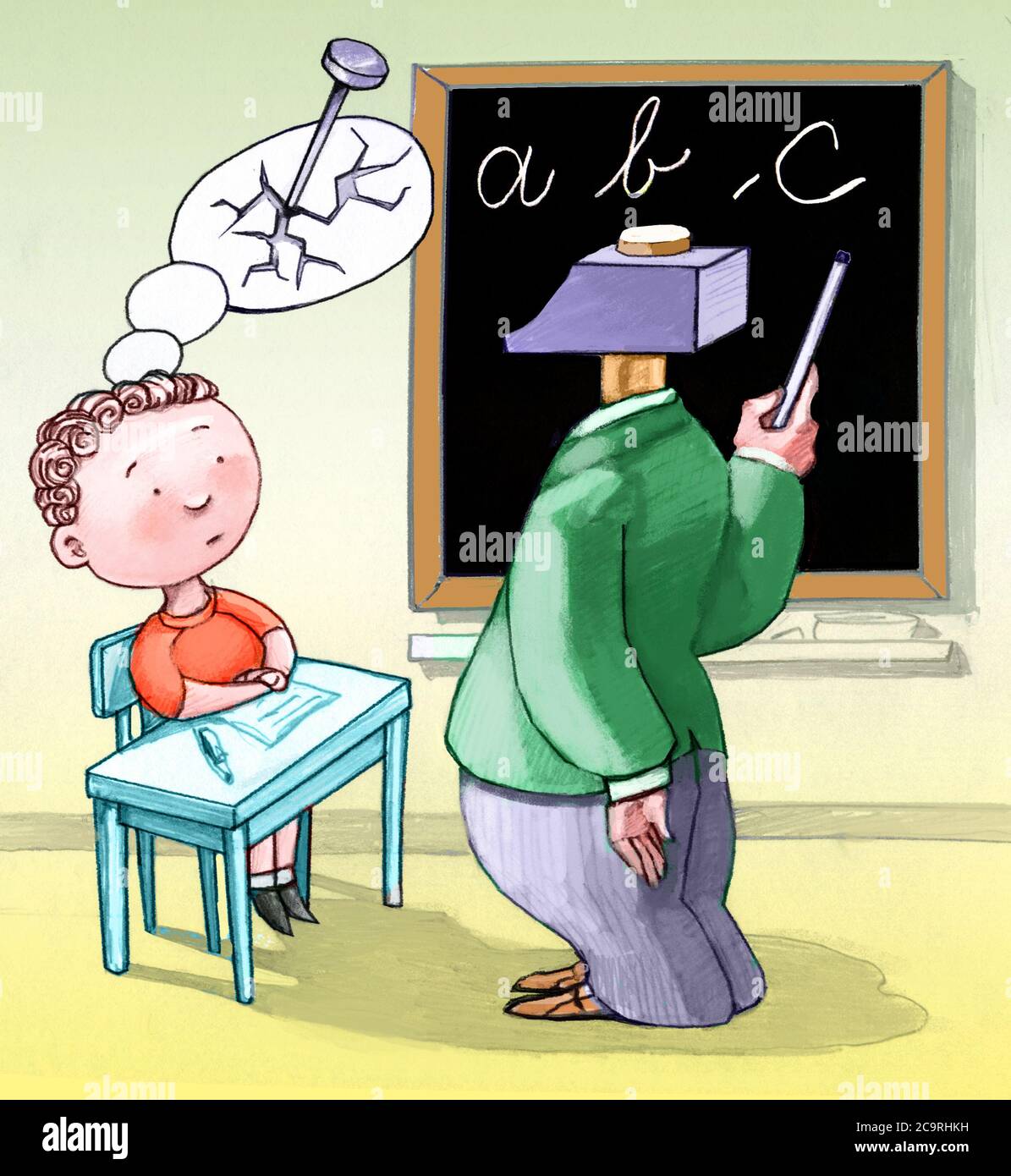 un alumno pequeño ve su sueño destruido por un maestro con una caricatura conceptual de cabeza de martillo sobre los niños y la educación Foto de stock