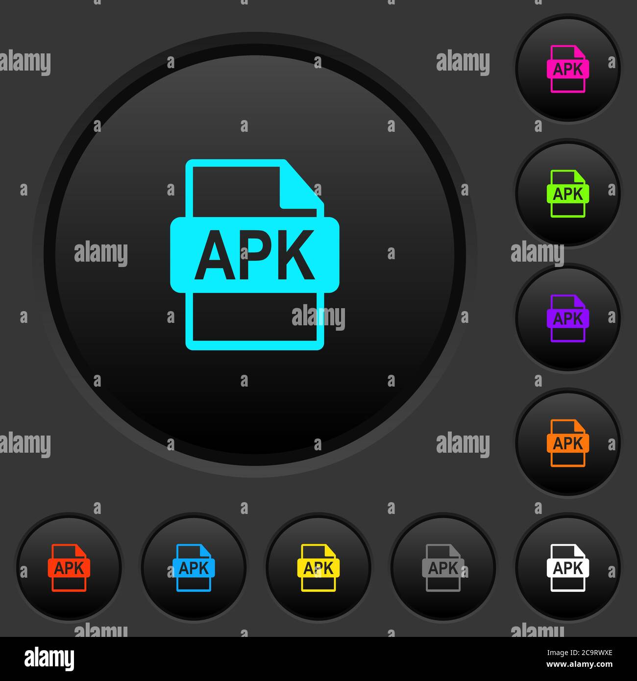Botones pulsadores oscuros de formato de archivo APK con iconos de colores  vivos sobre fondo gris oscuro Imagen Vector de stock - Alamy