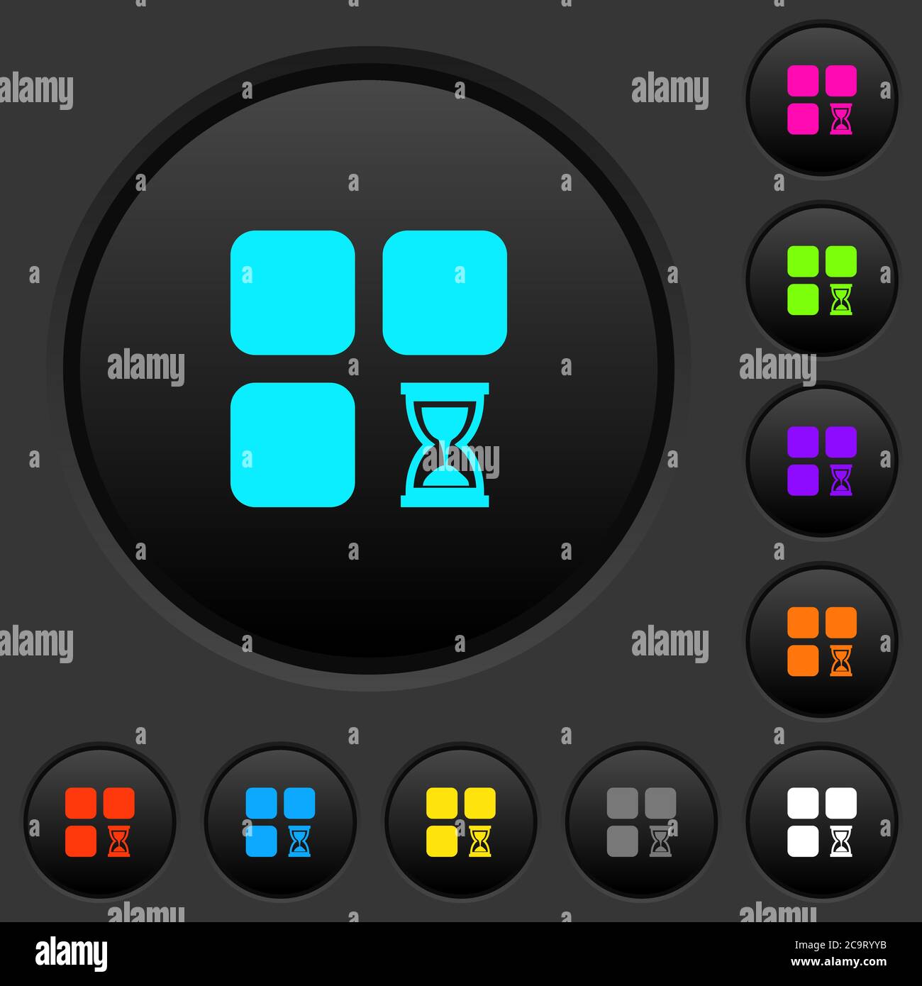 Componente esperando botones pulsadores oscuros con iconos de colores vivos sobre fondo gris oscuro Ilustración del Vector
