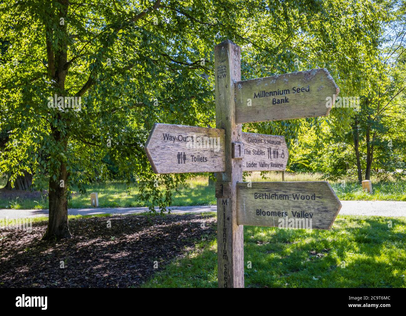 Guía de signpost a los lugares de interés en Wakehurst (Wakehurst Place), un jardín botánico en West Sussex administrado por los Jardines Botánicos reales, Kew Foto de stock