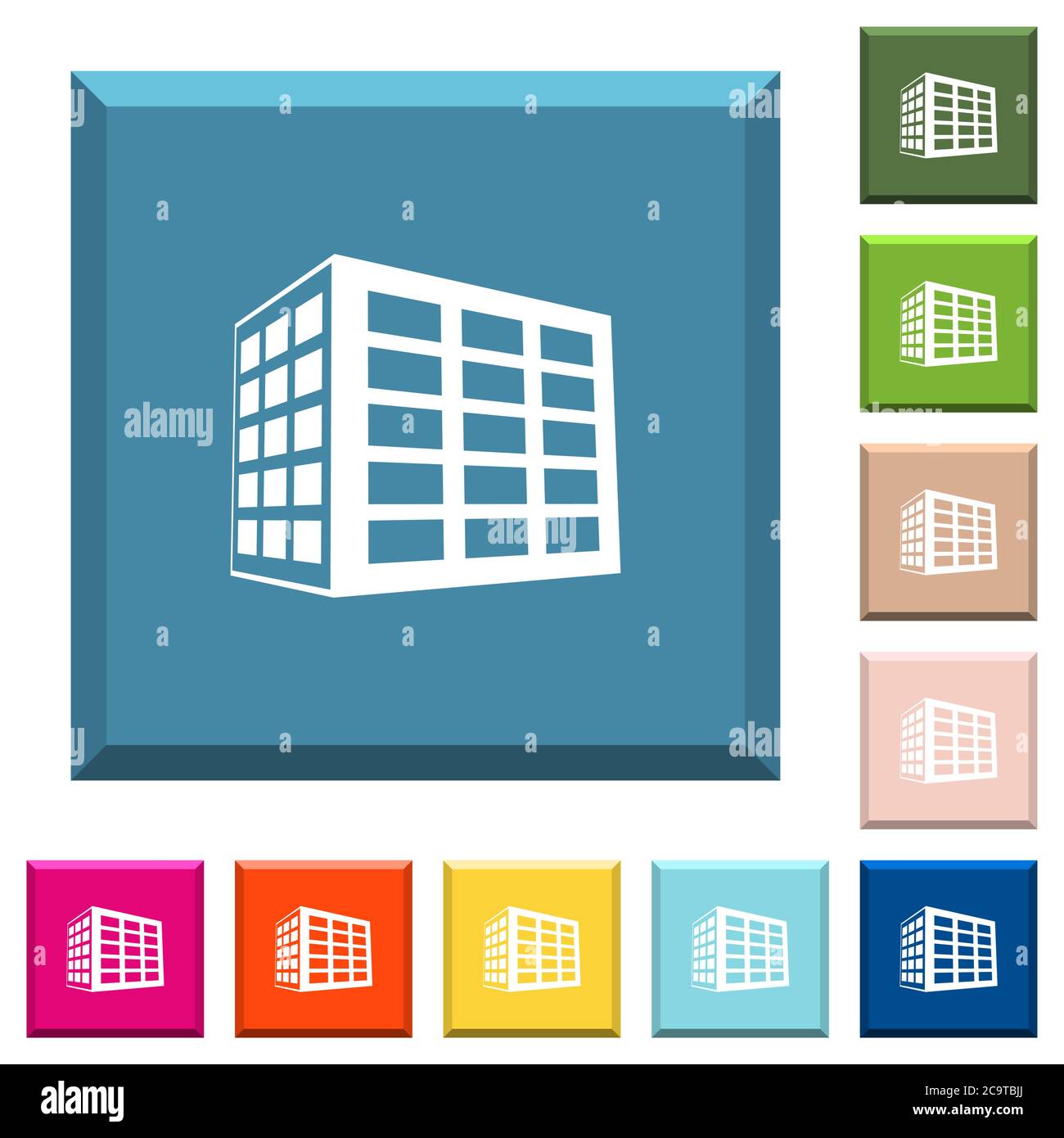 Office block iconos blancos en los botones cuadrados con bordes en varios  colores de moda Imagen Vector de stock - Alamy