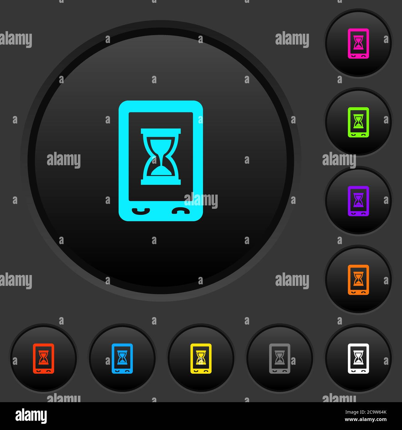 Botones pulsadores oscuros de trabajo móvil con iconos de colores vivos sobre fondo gris oscuro Ilustración del Vector