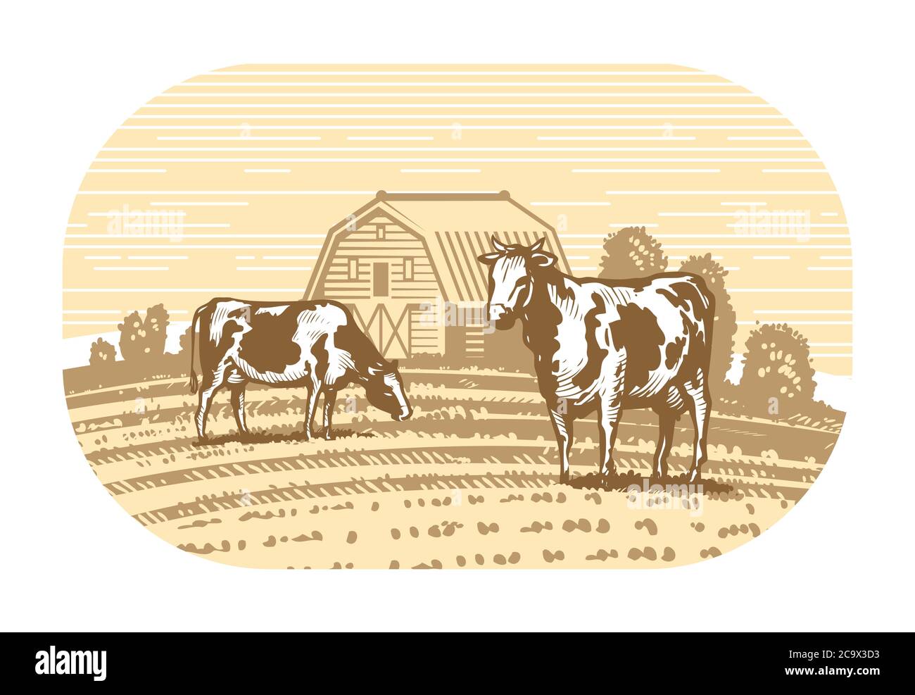 Las vacas pastan en el boceto del prado. Granja lechera, concepto de comida Ilustración del Vector