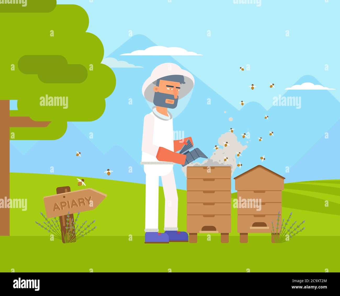 Fumigación de abejas, fumar ilustración de vector plano aislado en fondo la naturaleza Imagen Vector de stock -