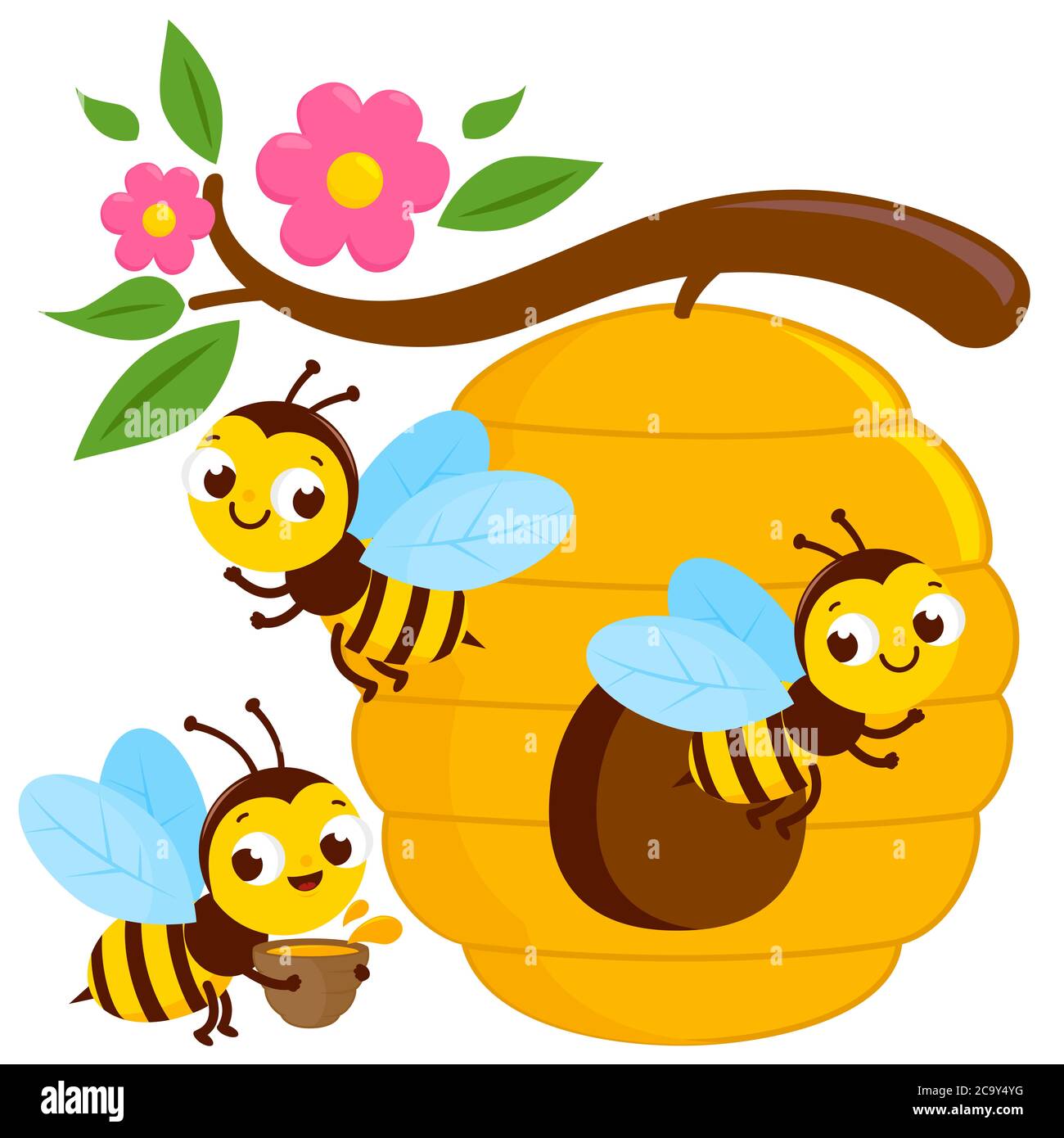 Las abejas ocupadas volando alrededor de una colmena. Foto de stock