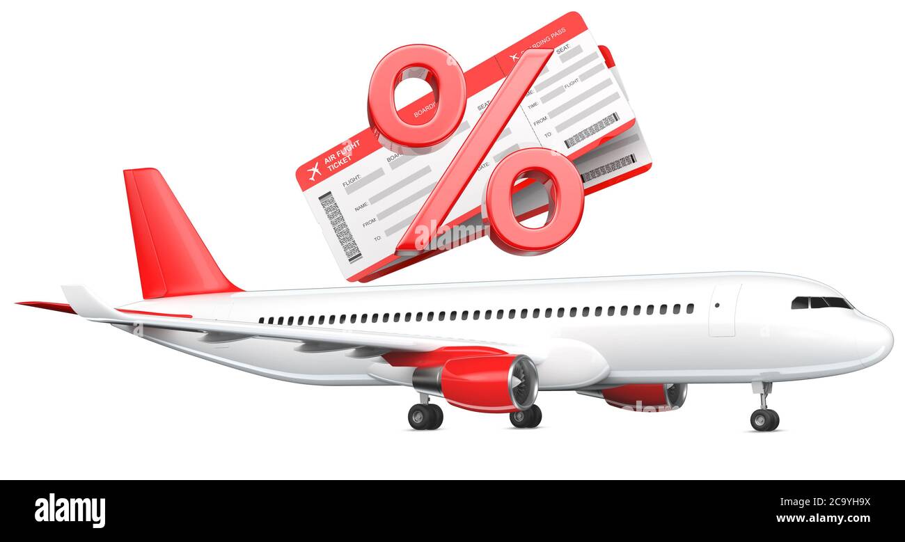 % 3D o descuento símbolo con billetes de tarjeta de embarque de la aerolínea sobre el avión comercial, avión de pasajeros, representación en 3D aislado en negro blanco Foto de stock