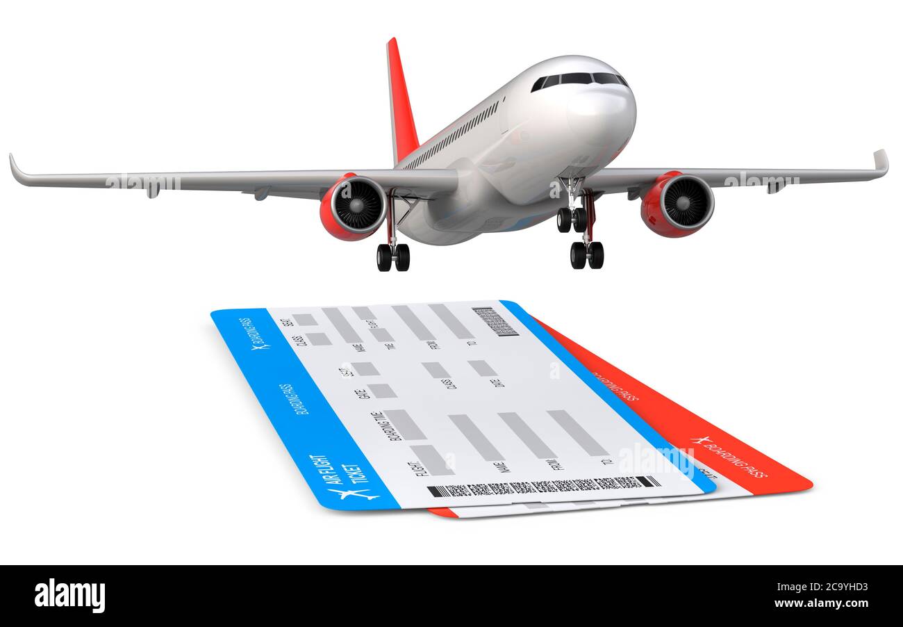 Avión comercial, avión con dos líneas aéreas, billetes de avión. Despegue del avión de pasajeros, representación en 3D aislada sobre fondo blanco. Foto de stock