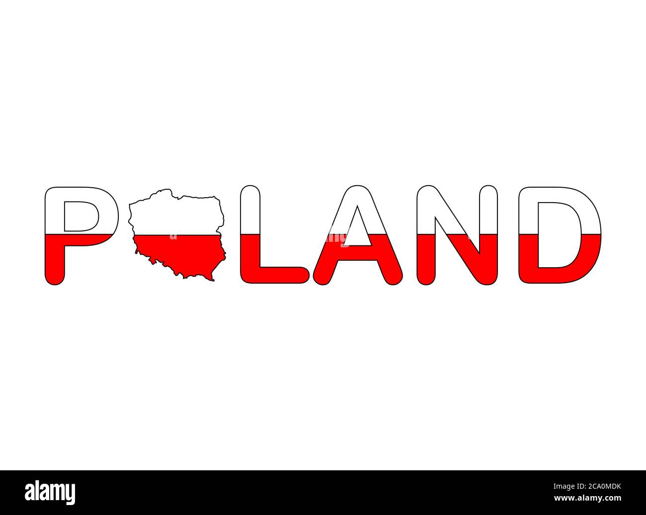 Texto de Polonia con bandera de mapa en colores rojo y blanco pulidos patriota aislados en blanco. Infografía de geografía abstracta con plantilla de letras. Ilustrat Ilustración del Vector