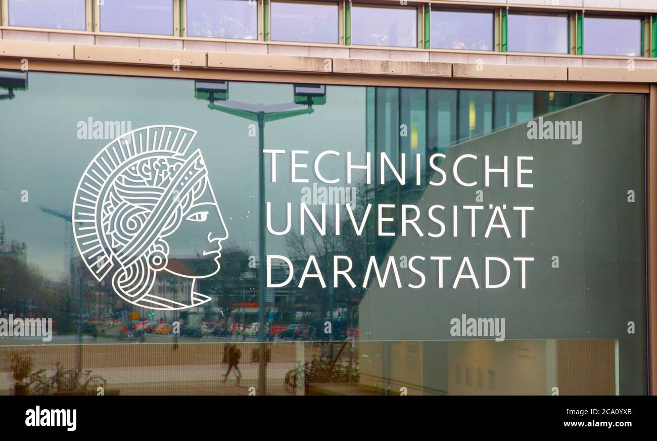 Logotipo de la Technische Universität Darmstadt (Universidad de Tecnología). El logo dipita a Atenea, diosa de la sabiduría y la estrategia. Alemania. Foto de stock