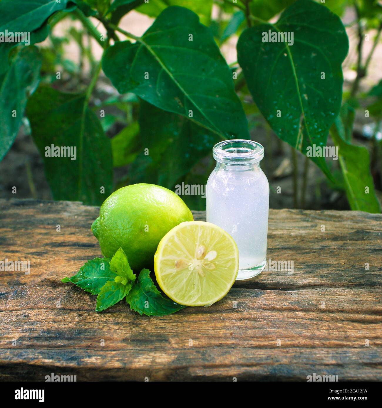 Medio limón cortado y un pequeño tarro de vidrio lleno de jugo de limón en una mesa de madera primer plano Foto de stock