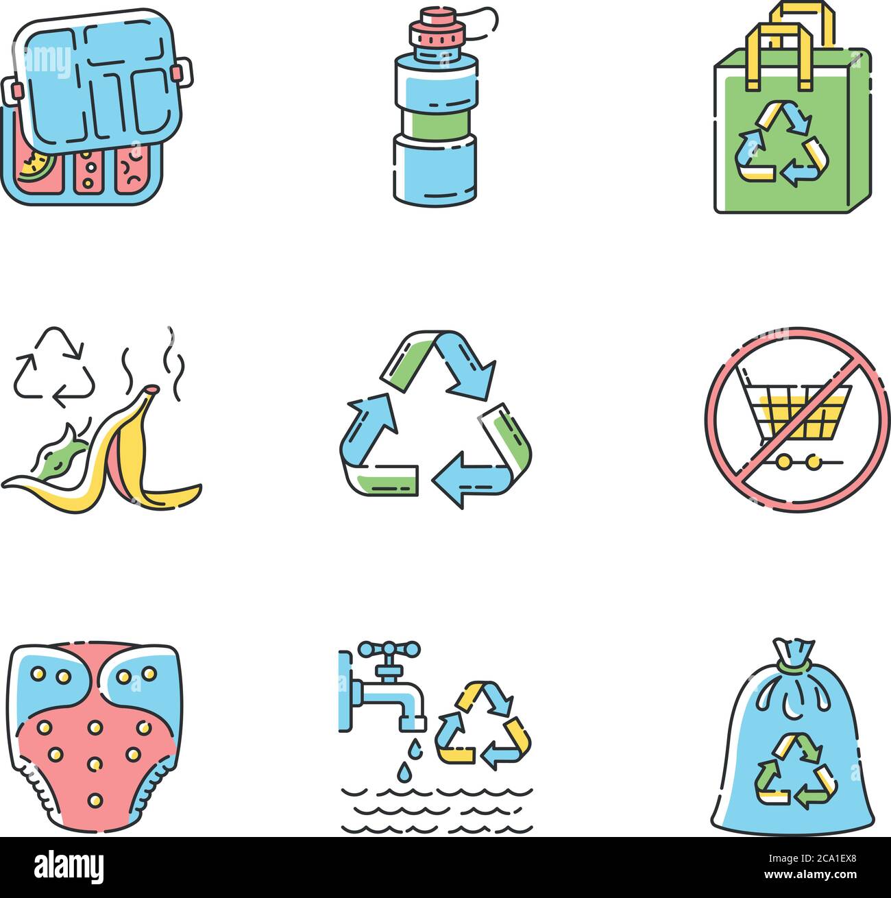 Conjunto de iconos de color RGB de consumo responsable. Consejos de estilo  de vida sostenible y productos ecológicos. Política de cero residuos. Ilust  vector aislado Imagen Vector de stock - Alamy