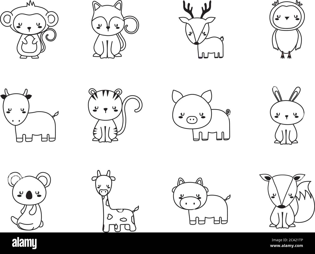 Cute animales dibujos animados estilo de línea establecer iconos diseño, zoológico vida naturaleza y carácter tema ilustración vectorial Ilustración del Vector