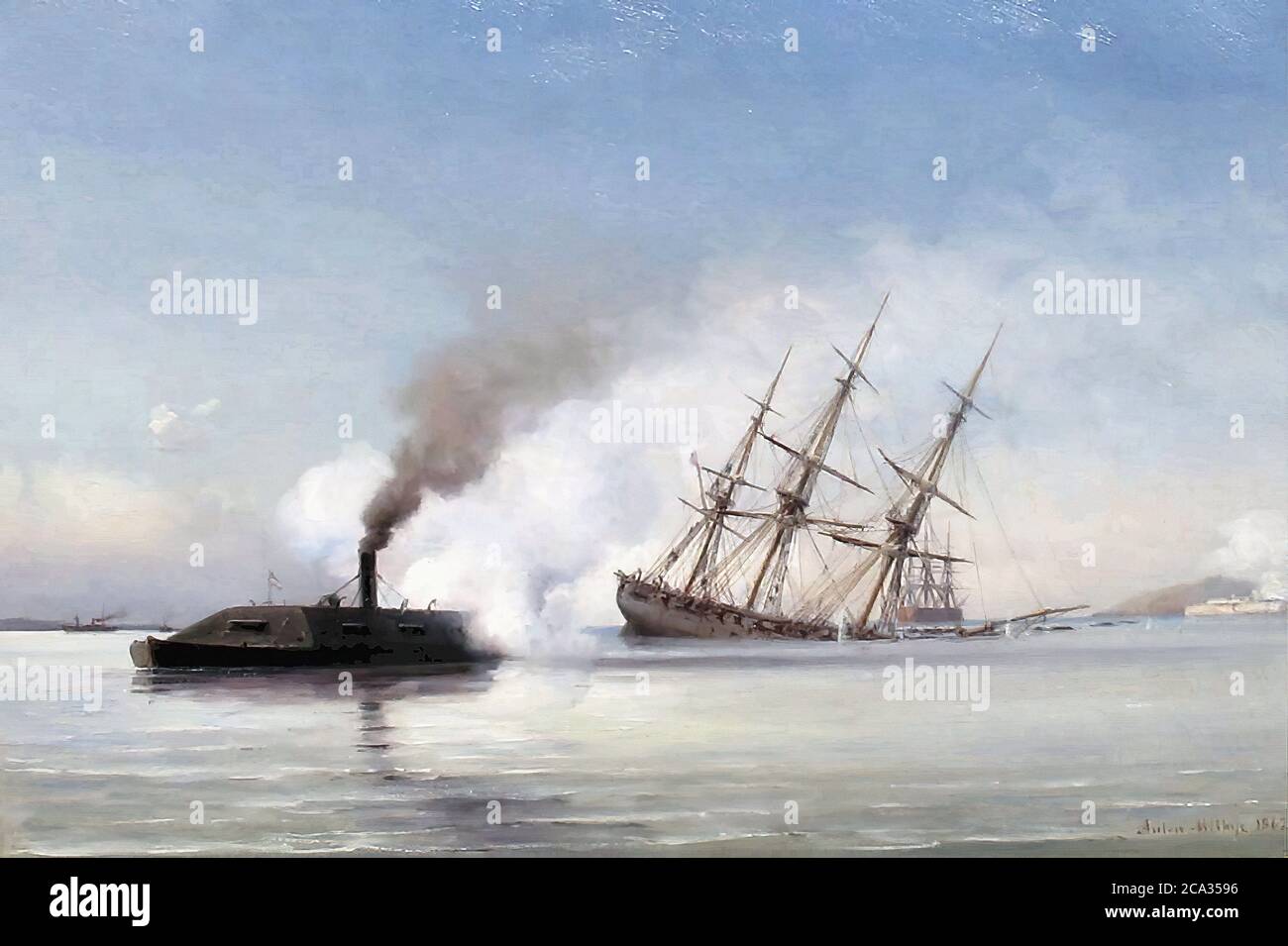 Melbye Daniel Hermann Anton - el hundimiento del USS Cumberland por la CSS Virginia - Danish School - siglo 19 y principios del siglo 20 Foto de stock