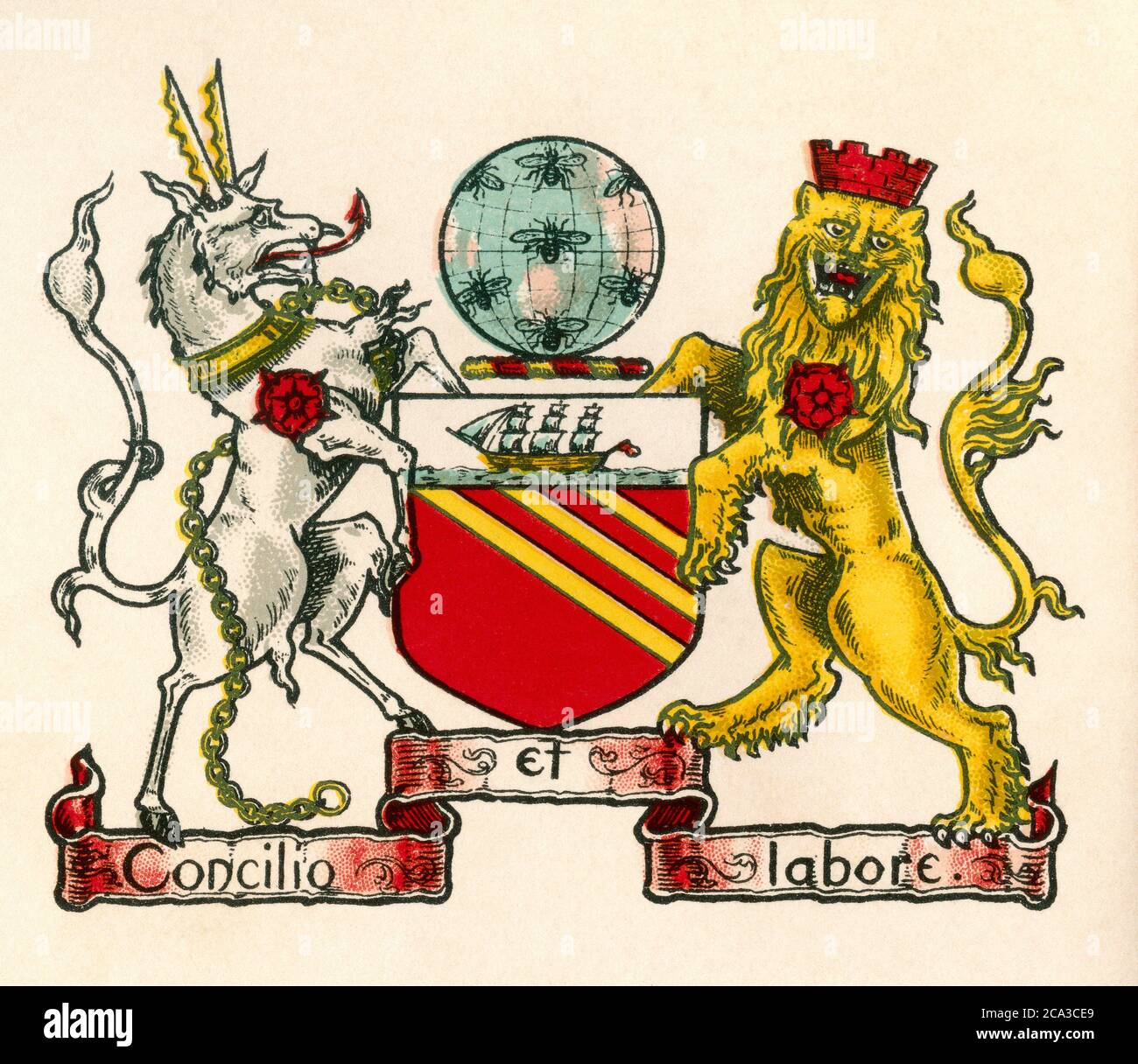 Escudo de armas de Manchester, Inglaterra. De la Enciclopedia de